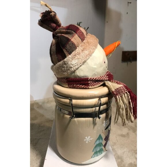 Snowman Cookie Jar Cannister Ceramic  Hinged Fabric Hat & Scarf 11" Tall - Picture 7 of 16
